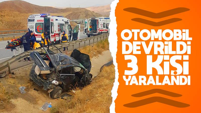 Devrilen otomobildeki 3 kişi yaralandı