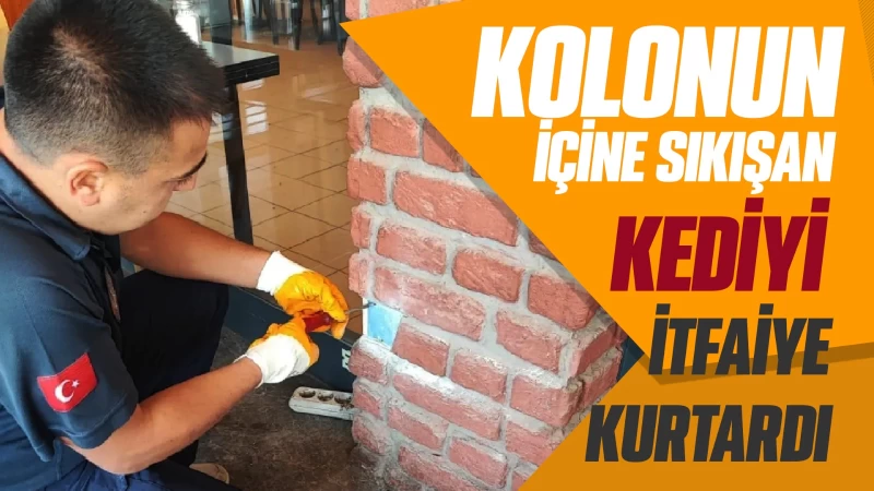 Kolonun içine sıkışan kediyi itfaiye kurtardı 