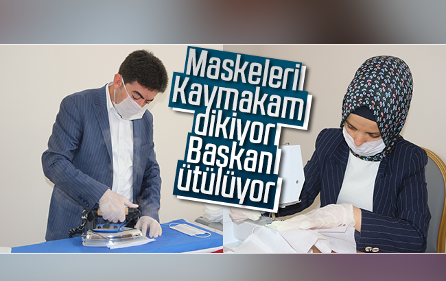 Maske üretimi için kollar sıvandı: Kaymakam dikiyor, başkan ütülüyor