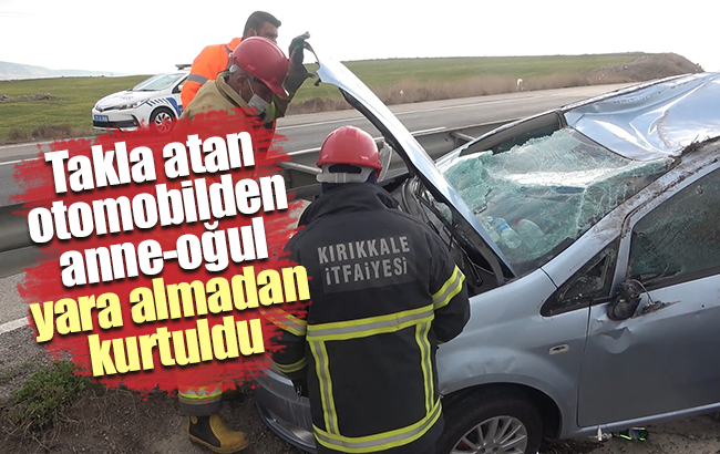 Takla atan otomobilden anne-oğul yara almadan kurtuldu
