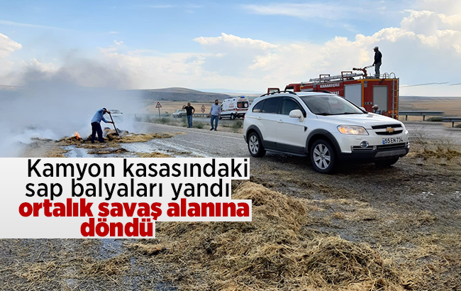 Kırıkkale'de seyir halindeki kamyonun kasasındaki sap balyaları yandı