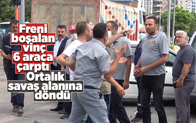 Freni boşalan vinç, 6 araca çarptı: 2 yaralı